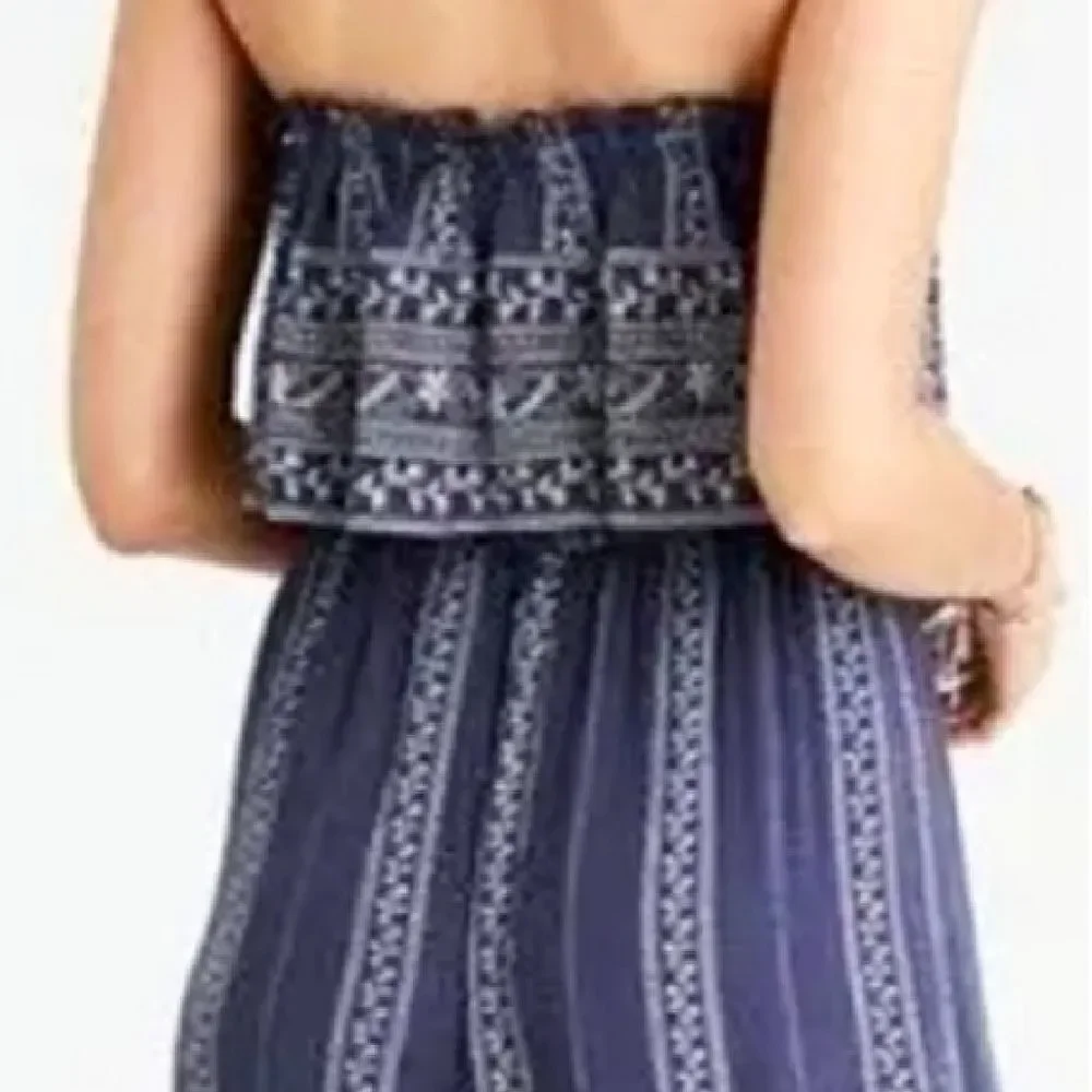 Japna Blue Striped Strapless Ruffle Top Boho‎ Crop Flare Jumpsuit Large
